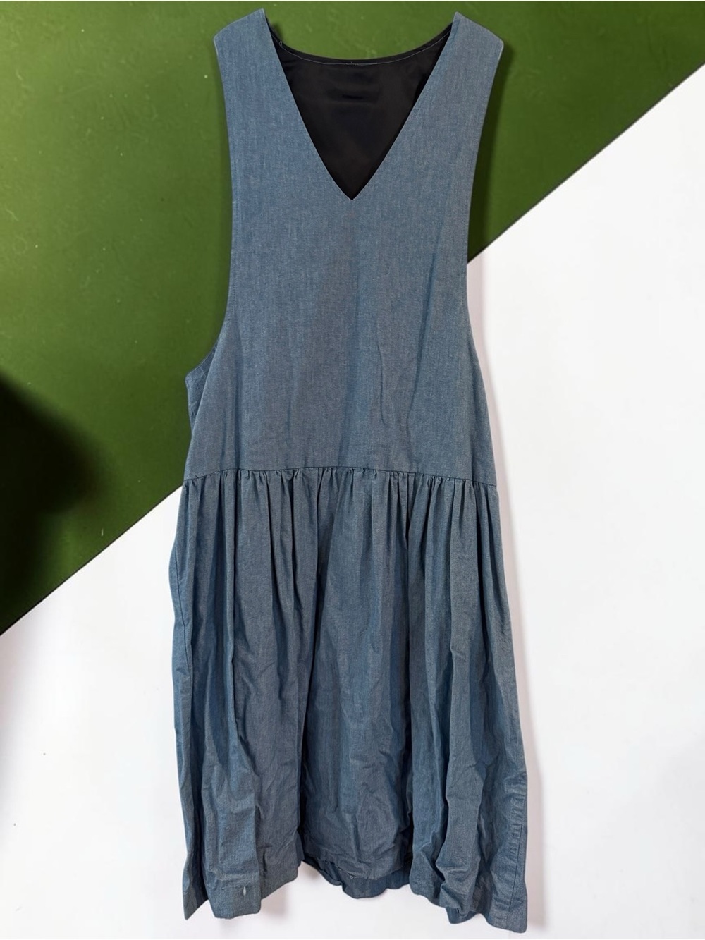 Vintage 1990 Handmade Chambray Denim Jumper Dress Deep V Pockets 1X